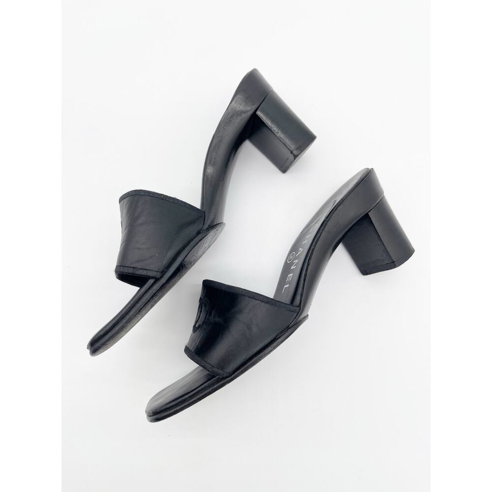 Chanel Vintage Black Leather CC Logo Classic Mule Heeled Sandals Square Toe US 6 - Picture 6 of 11